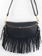 Sophia Navy Half Moon Leather Crossbody Bag With Fringe Trim